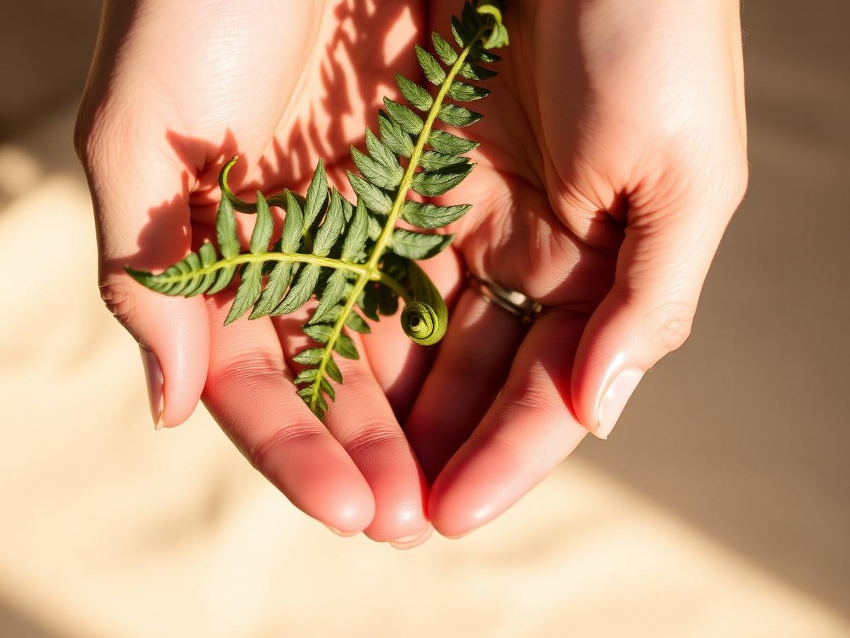 Hands resting gently on a fern frond
